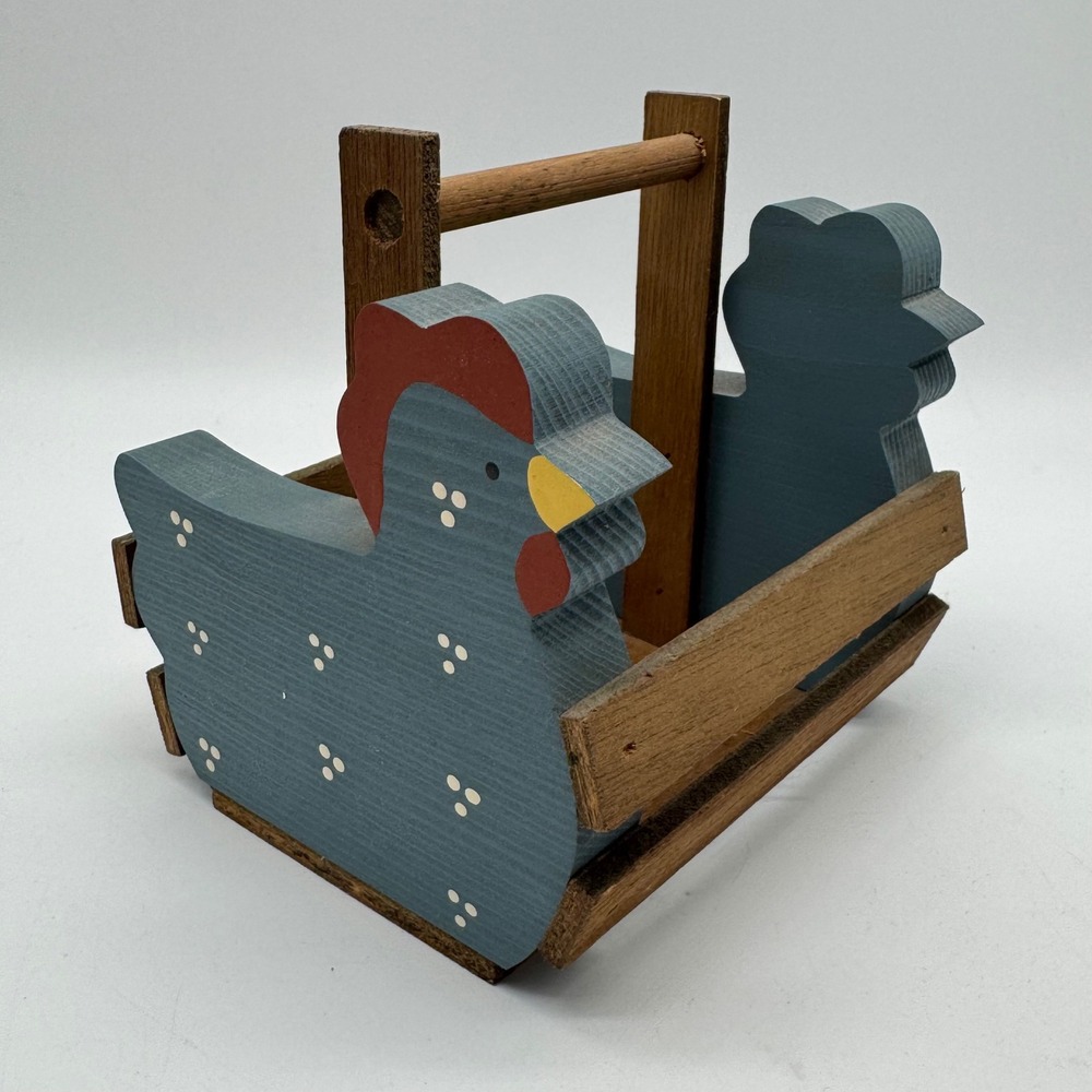 Vintage 1980s Wood Chicken Utensil Caddy Napkin Holder Tote Primitive Farmhouse